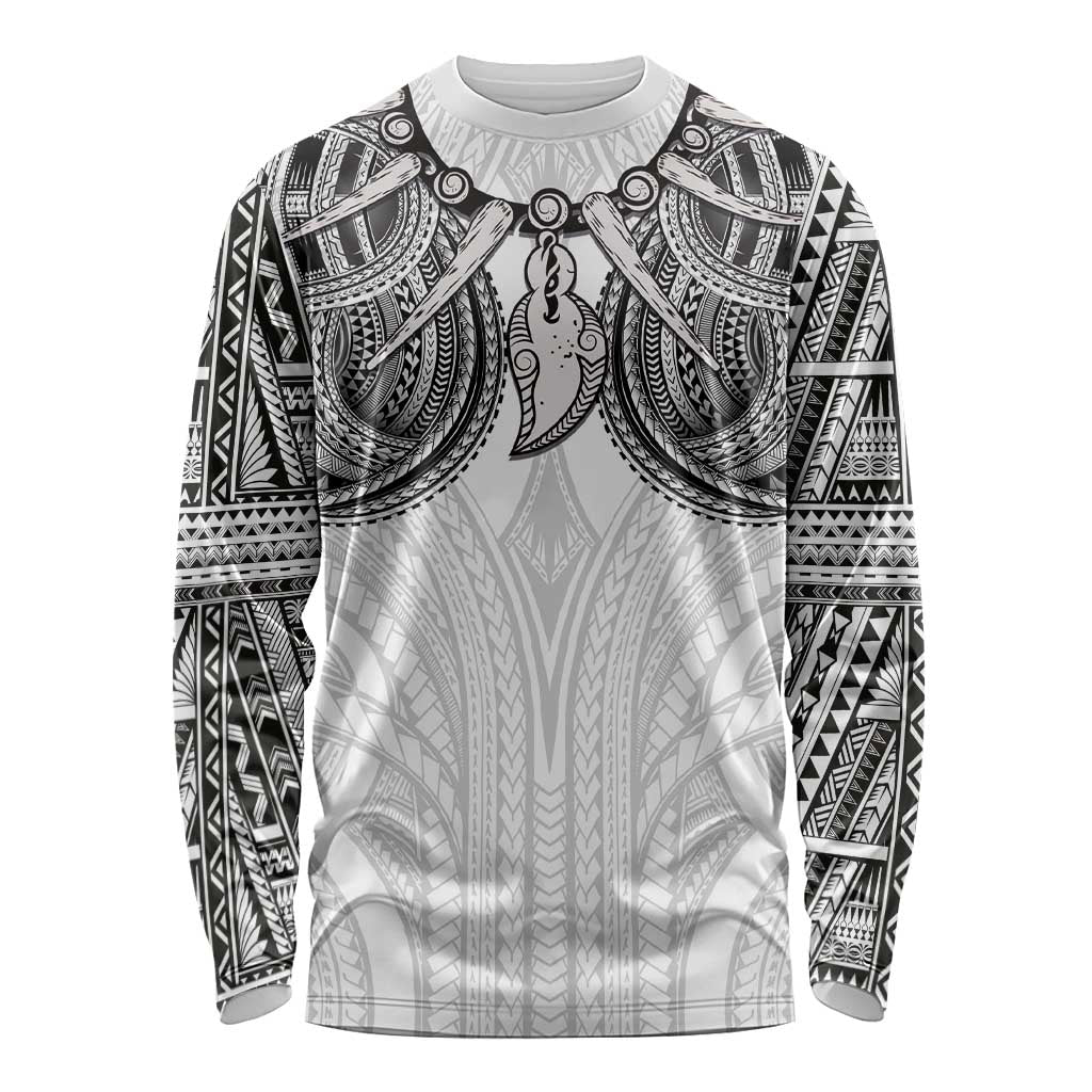 Samoan Traditional Art Tattoos Long Sleeve Shirt Tatau Tribal Motifs with Ula Nifo White - Polynesian Pride