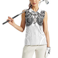 Samoan Traditional Art Tattoos Women Sleeveless Polo Shirt Tatau Tribal Motifs with Ula Nifo White - Polynesian Pride