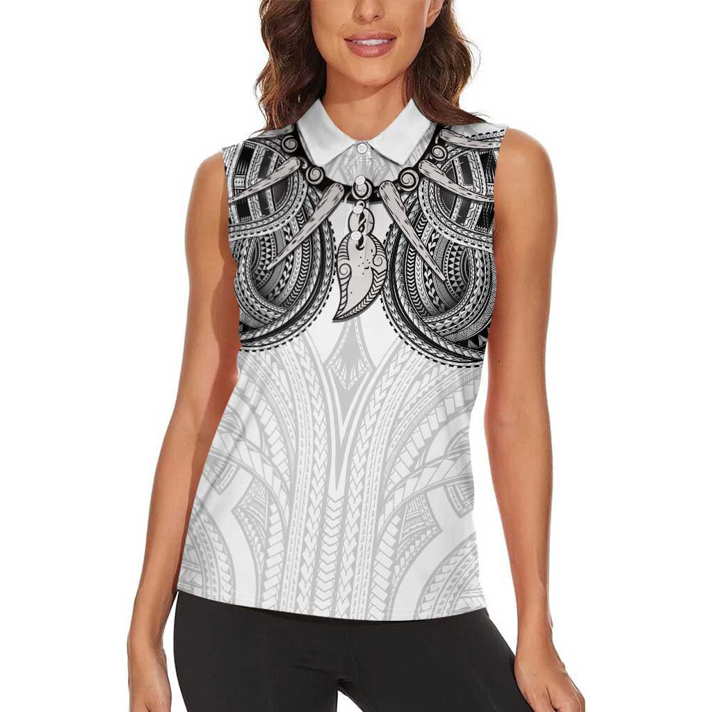 Samoan Traditional Art Tattoos Women Sleeveless Polo Shirt Tatau Tribal Motifs with Ula Nifo White - Polynesian Pride