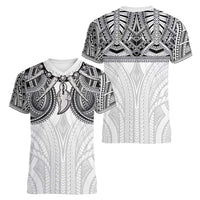Samoan Traditional Art Tattoos Women V-Neck T-Shirt Tatau Tribal Motifs with Ula Nifo White - Polynesian Pride