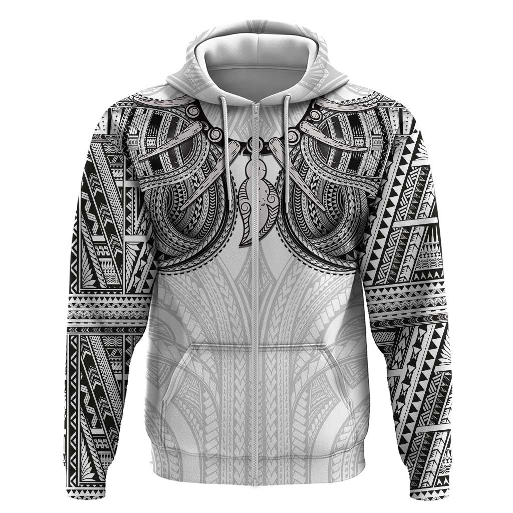 Samoan Traditional Art Tattoos Zip Hoodie Tatau Tribal Motifs with Ula Nifo White - Polynesian Pride