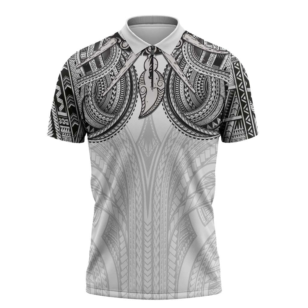 Samoan Traditional Art Tattoos Zipper Polo Shirt Tatau Tribal Motifs with Ula Nifo White - Polynesian Pride