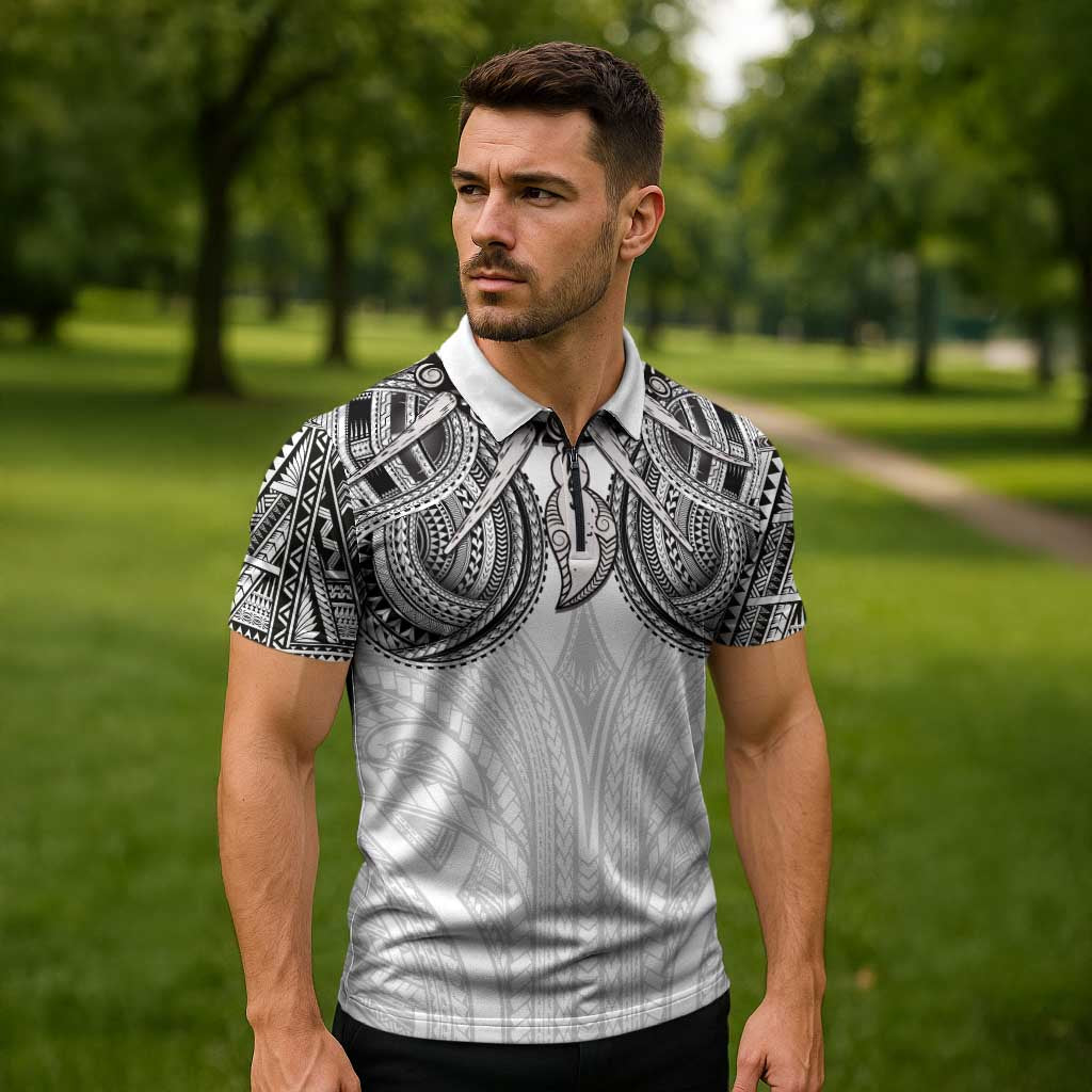 Samoan Traditional Art Tattoos Zipper Polo Shirt Tatau Tribal Motifs with Ula Nifo White - Polynesian Pride