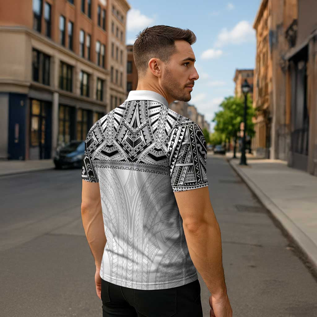Samoan Traditional Art Tattoos Zipper Polo Shirt Tatau Tribal Motifs with Ula Nifo White - Polynesian Pride