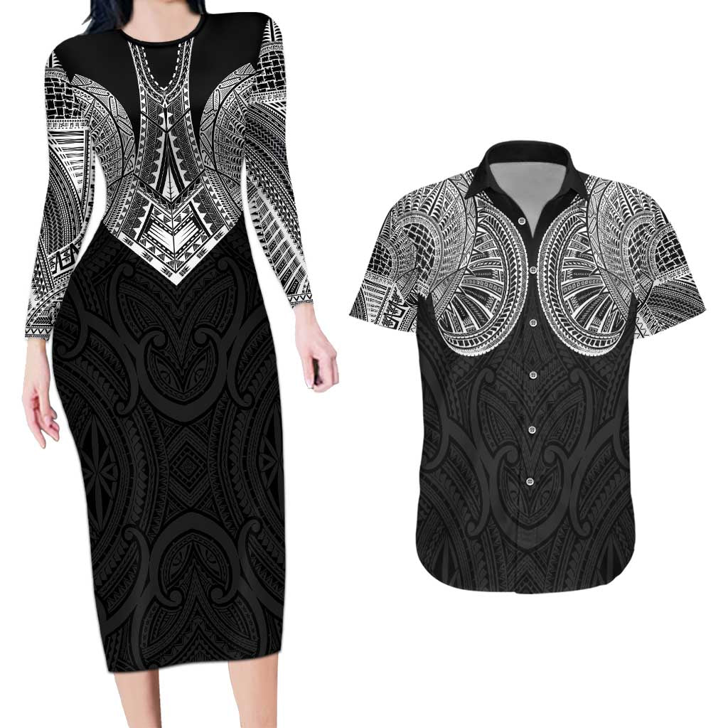 Samoan Traditional Art Tattoos Couples Matching Long Sleeve Bodycon Dress and Hawaiian Shirt Tatau Roman Reigns Black Color - Polynesian Pride