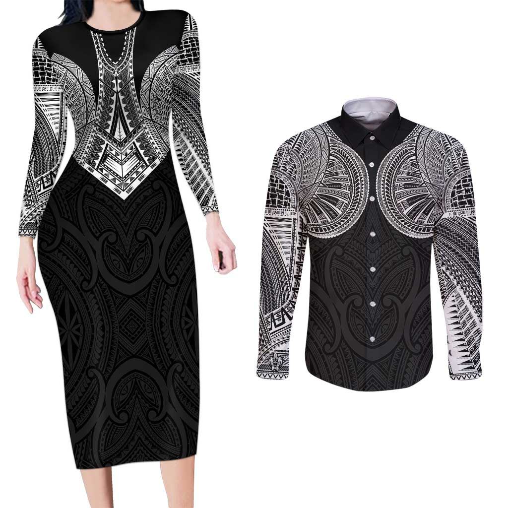 Samoan Traditional Art Tattoos Couples Matching Long Sleeve Bodycon Dress and Long Sleeve Button Shirt Tatau Roman Reigns Black Color - Polynesian Pride