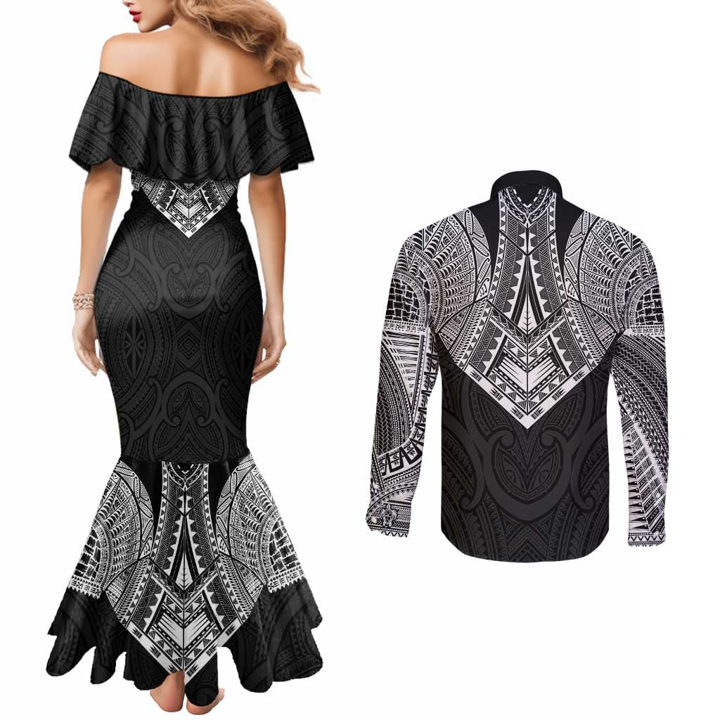 Samoan Traditional Art Tattoos Couples Matching Mermaid Dress and Long Sleeve Button Shirt Tatau Roman Reigns Black Color - Polynesian Pride