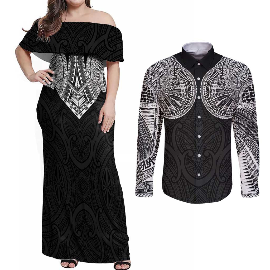 Samoan Traditional Art Tattoos Couples Matching Off Shoulder Maxi Dress and Long Sleeve Button Shirt Tatau Roman Reigns Black Color - Polynesian Pride