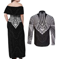 Samoan Traditional Art Tattoos Couples Matching Off Shoulder Maxi Dress and Long Sleeve Button Shirt Tatau Roman Reigns Black Color - Polynesian Pride