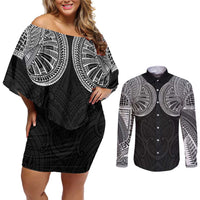Samoan Traditional Art Tattoos Couples Matching Off Shoulder Short Dress and Long Sleeve Button Shirt Tatau Roman Reigns Black Color - Polynesian Pride