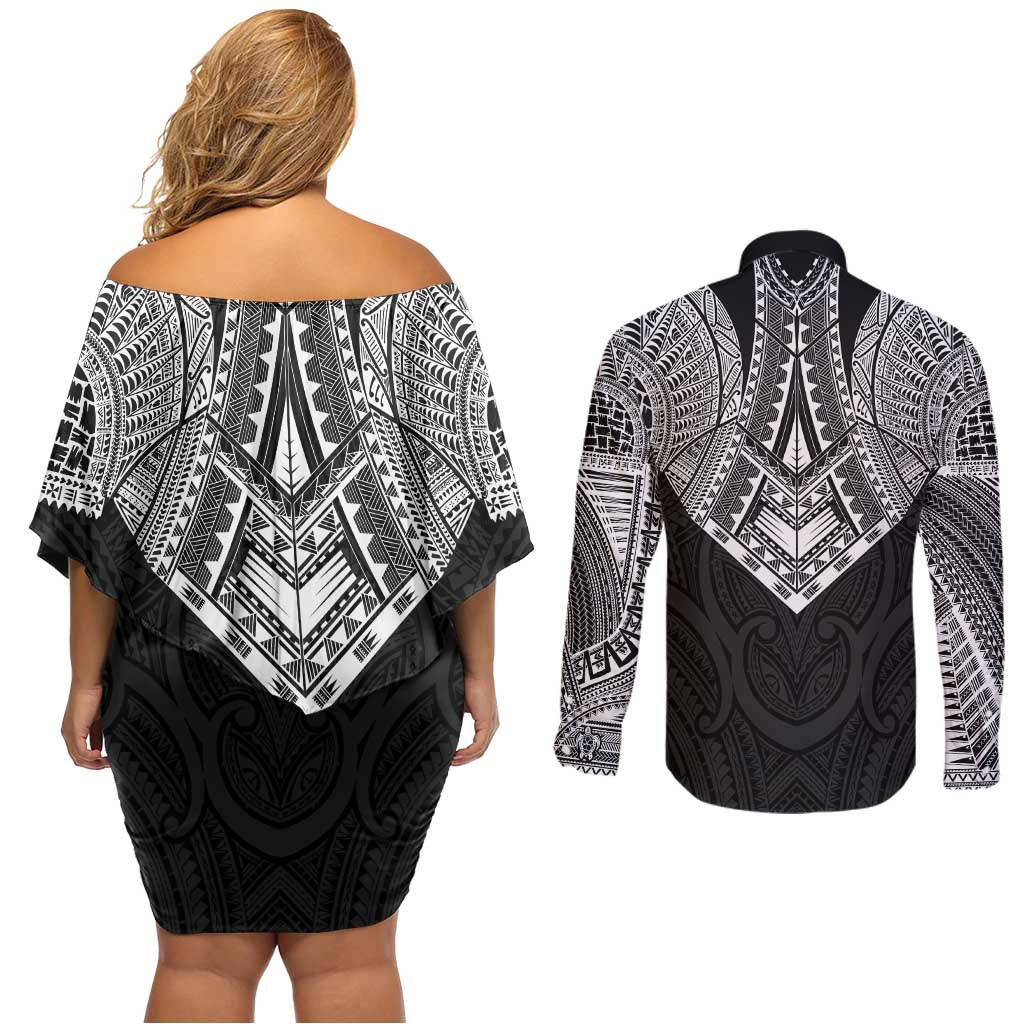 Samoan Traditional Art Tattoos Couples Matching Off Shoulder Short Dress and Long Sleeve Button Shirt Tatau Roman Reigns Black Color - Polynesian Pride