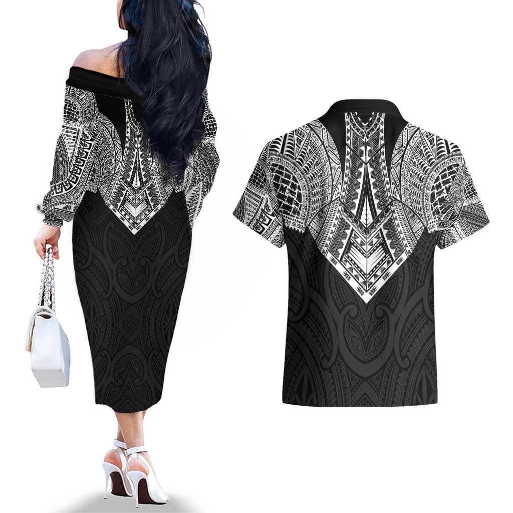 Samoan Traditional Art Tattoos Couples Matching Off The Shoulder Long Sleeve Dress and Hawaiian Shirt Tatau Roman Reigns Black Color - Polynesian Pride