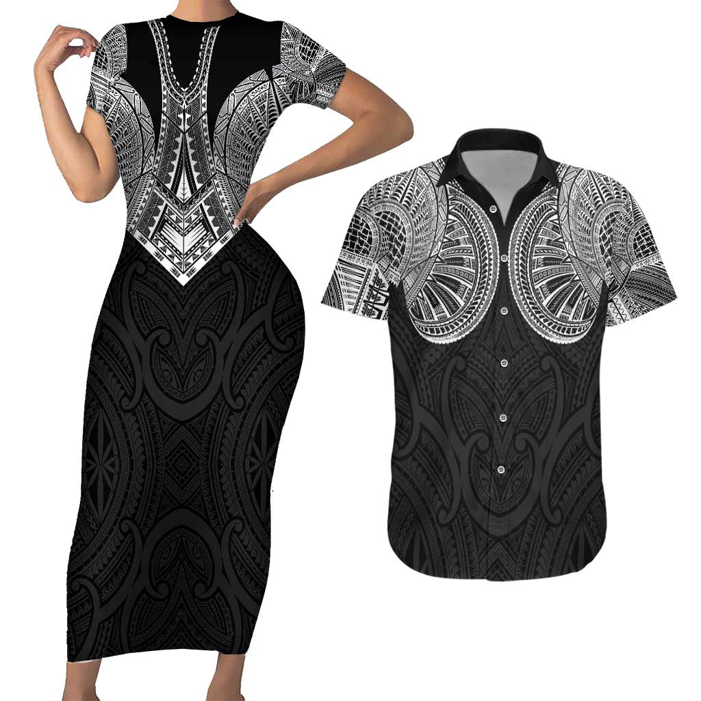 Samoan Traditional Art Tattoos Couples Matching Short Sleeve Bodycon Dress and Hawaiian Shirt Tatau Roman Reigns Black Color - Polynesian Pride