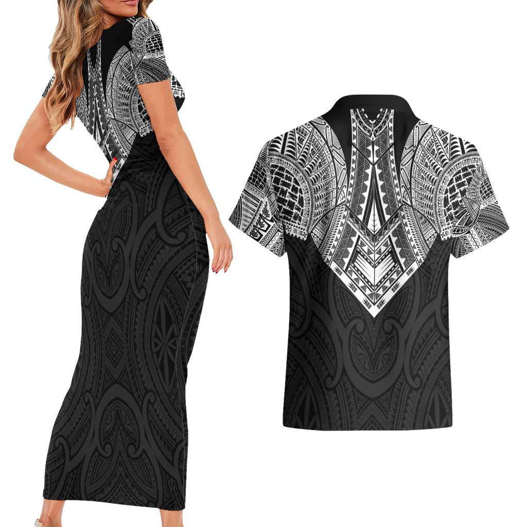 Samoan Traditional Art Tattoos Couples Matching Short Sleeve Bodycon Dress and Hawaiian Shirt Tatau Roman Reigns Black Color - Polynesian Pride