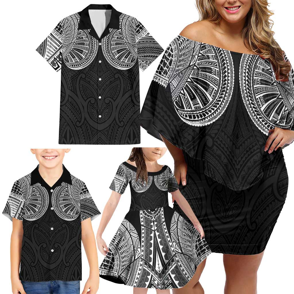 Samoan Traditional Art Tattoos Family Matching Off Shoulder Short Dress and Hawaiian Shirt Tatau Roman Reigns Black Color - Polynesian Pride