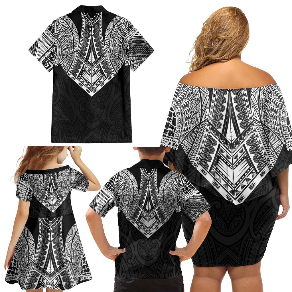 Samoan Traditional Art Tattoos Family Matching Off Shoulder Short Dress and Hawaiian Shirt Tatau Roman Reigns Black Color - Polynesian Pride