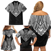 Samoan Traditional Art Tattoos Family Matching Off Shoulder Short Dress and Hawaiian Shirt Tatau Roman Reigns Black Color - Polynesian Pride