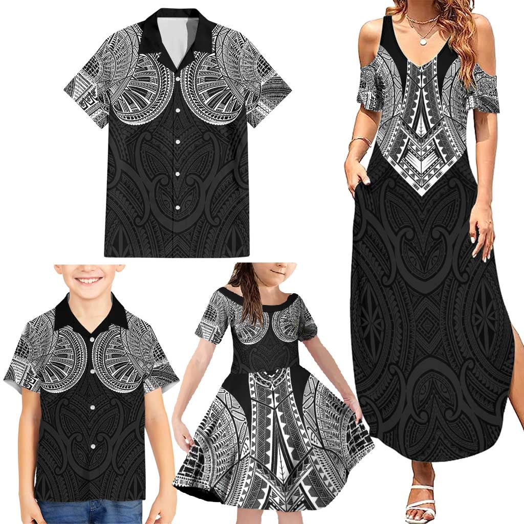 Samoan Traditional Art Tattoos Family Matching Summer Maxi Dress and Hawaiian Shirt Tatau Roman Reigns Black Color - Polynesian Pride