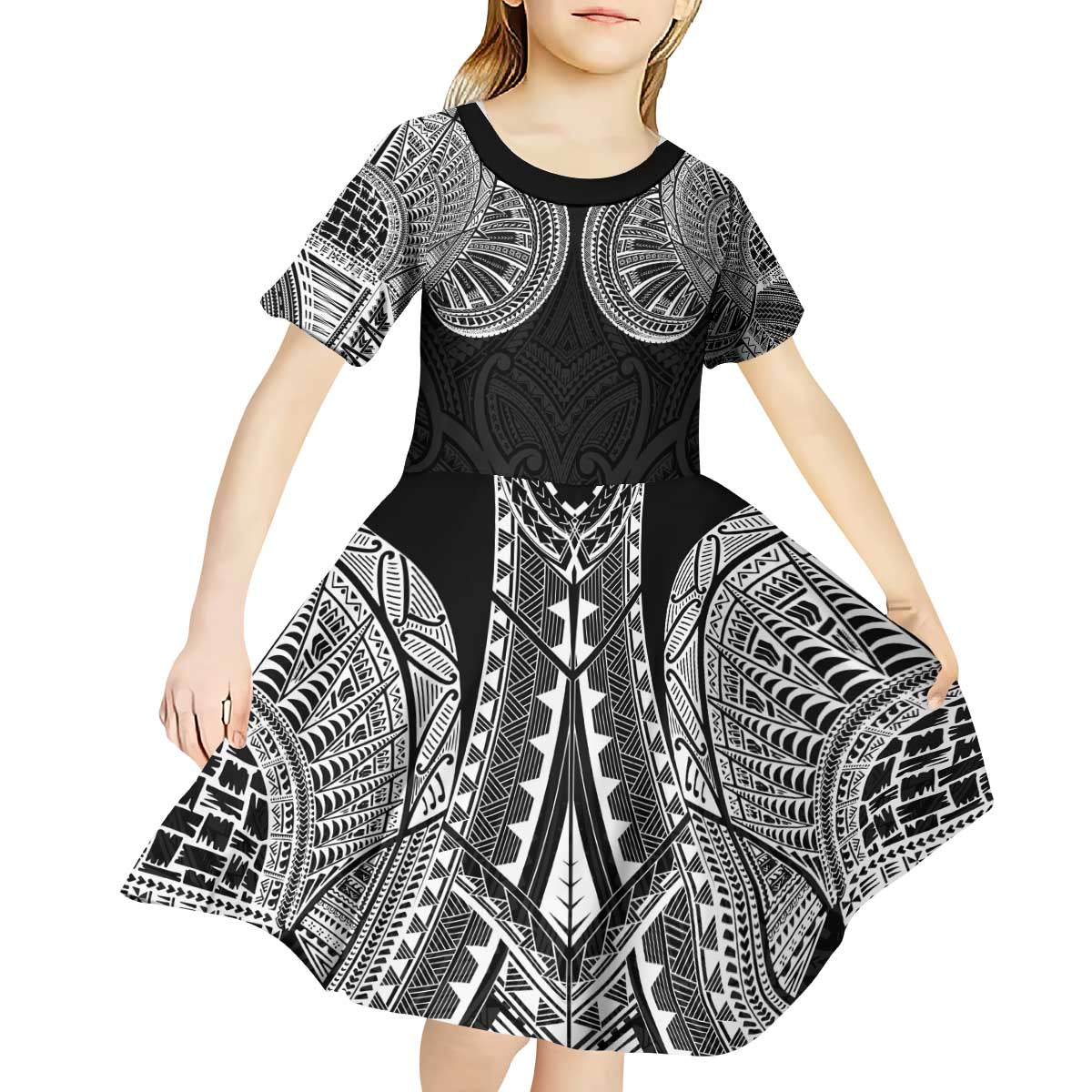 Samoan Traditional Art Tattoos Kid Short Sleeve Dress Tatau Roman Reigns Black Color - Polynesian Pride