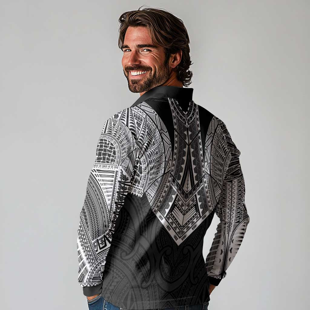 Samoan Traditional Art Tattoos Long Sleeve Polo Shirt Tatau Roman Reigns Black Color - Polynesian Pride