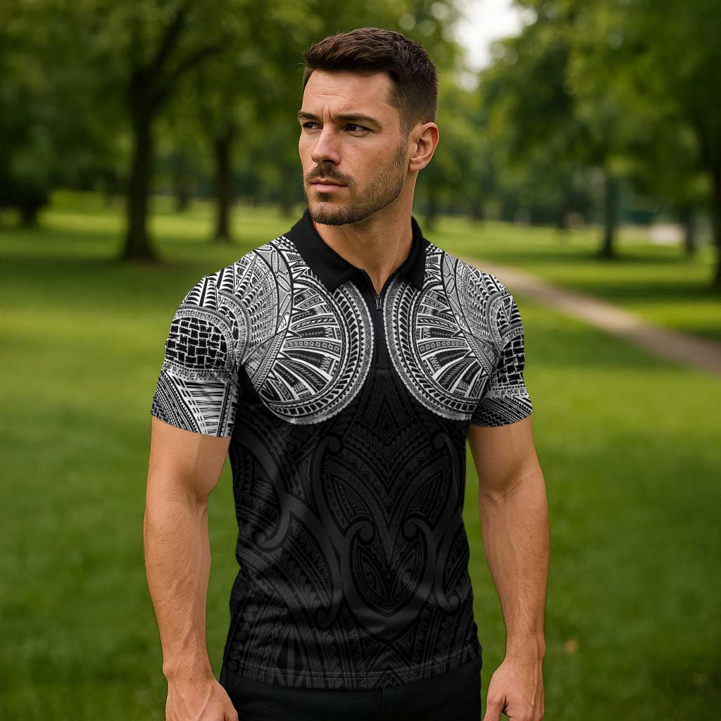 Samoan Traditional Art Tattoos Zipper Polo Shirt Tatau Roman Reigns Black Color - Polynesian Pride