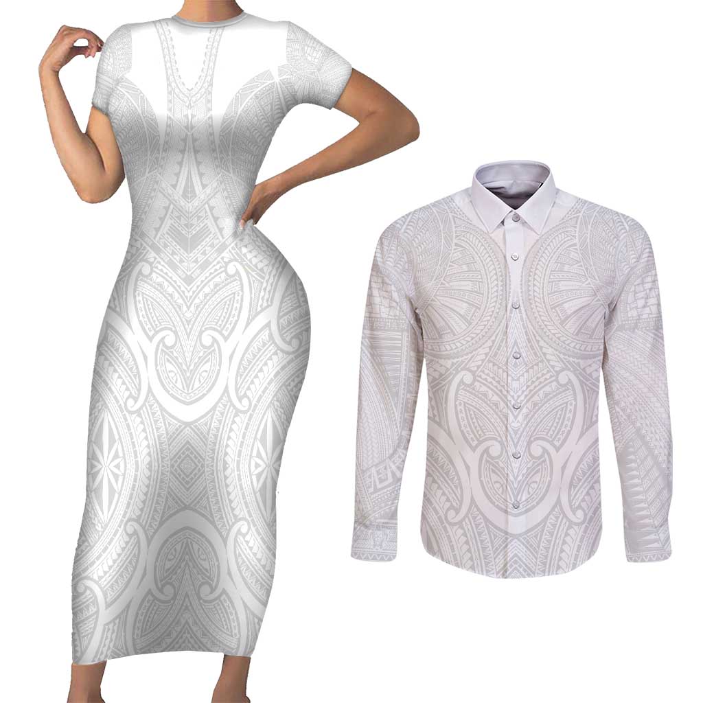 Samoan Traditional Art Tattoos Couples Matching Short Sleeve Bodycon Dress and Long Sleeve Button Shirt Tatau Roman Reigns White Color - Polynesian Pride