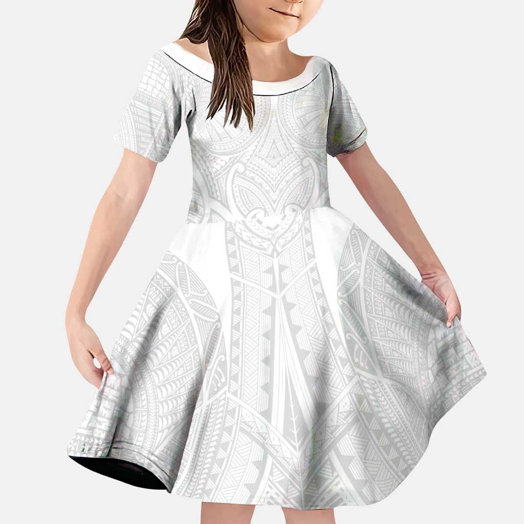 Samoan Traditional Art Tattoos Family Matching Off Shoulder Short Dress and Hawaiian Shirt Tatau Roman Reigns White Color LT03 Daughter's Dress White - Polynesian Pride