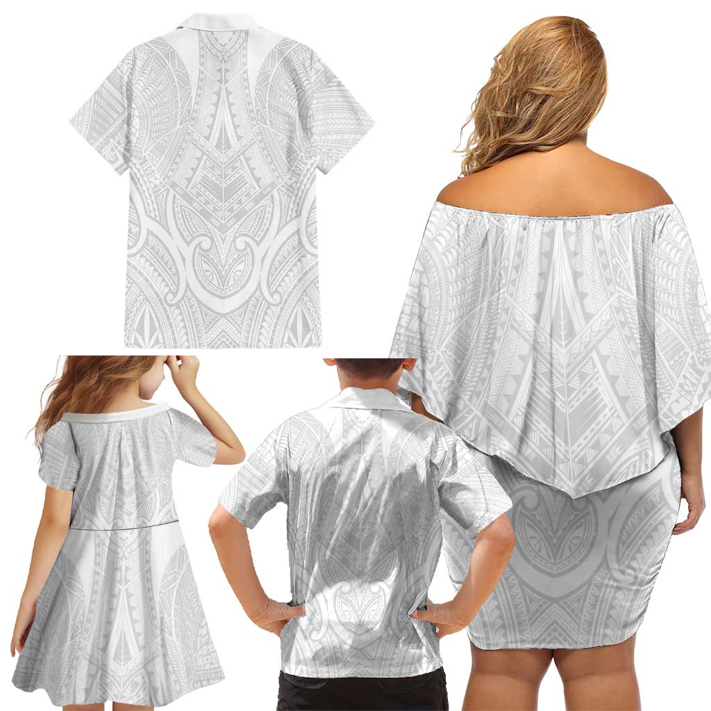 Samoan Traditional Art Tattoos Family Matching Off Shoulder Short Dress and Hawaiian Shirt Tatau Roman Reigns White Color LT03 - Polynesian Pride