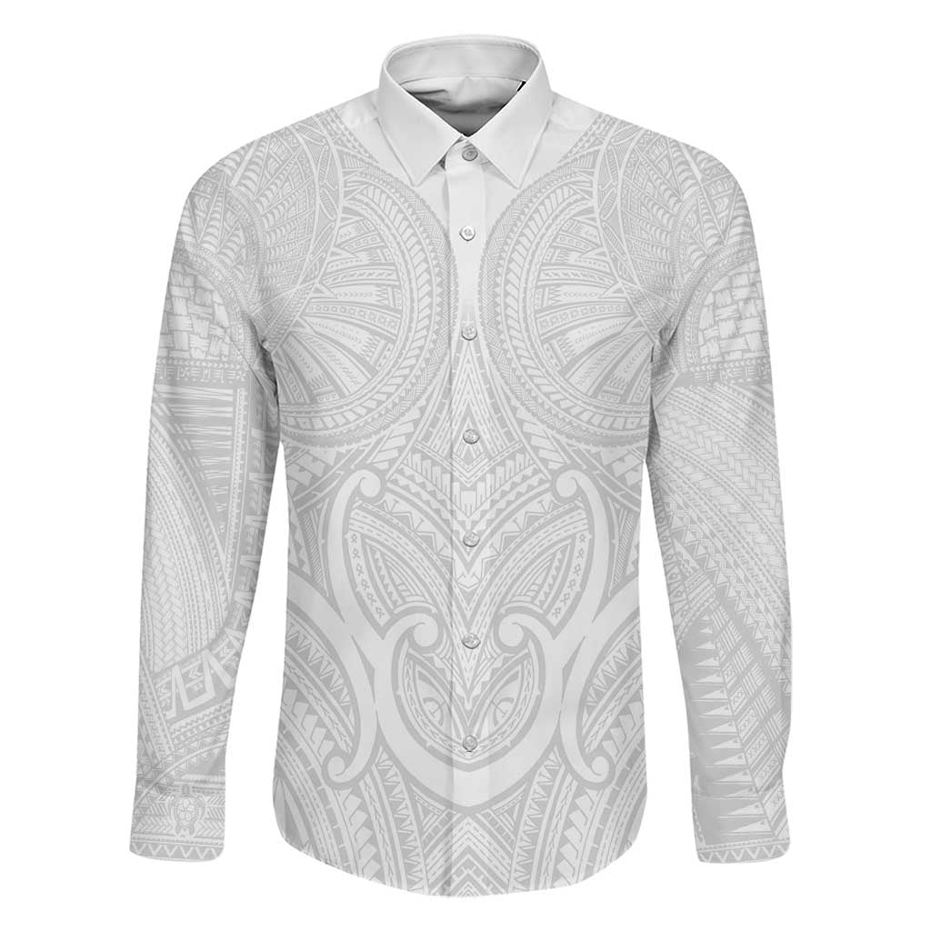Samoan Traditional Art Tattoos Family Matching Off Shoulder Short Dress and Hawaiian Shirt Tatau Roman Reigns White Color LT03 Dad's Shirt - Long Sleeve White - Polynesian Pride