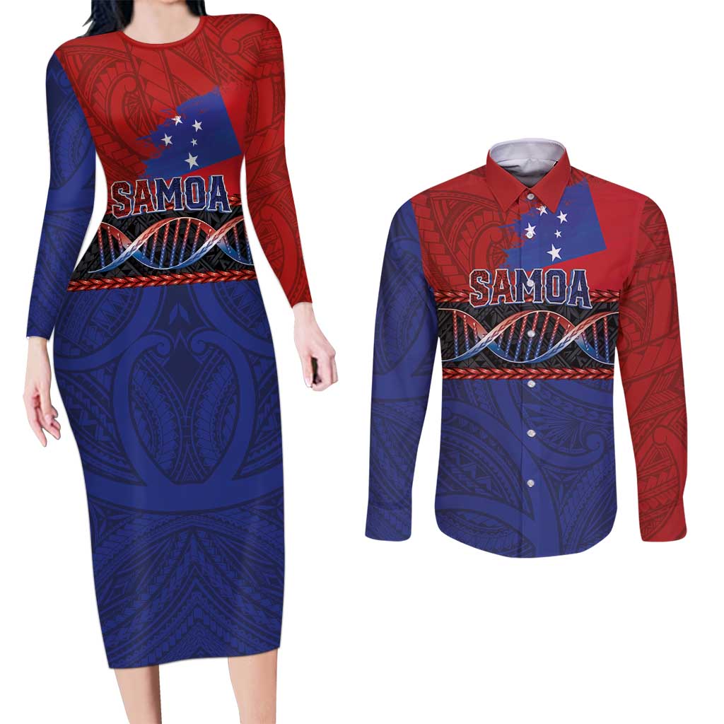 Personalised Samoan DNA-Proud of Samoa Couples Matching Long Sleeve Bodycon Dress and Long Sleeve Button Shirt Polynesian Patterns - Polynesian Pride