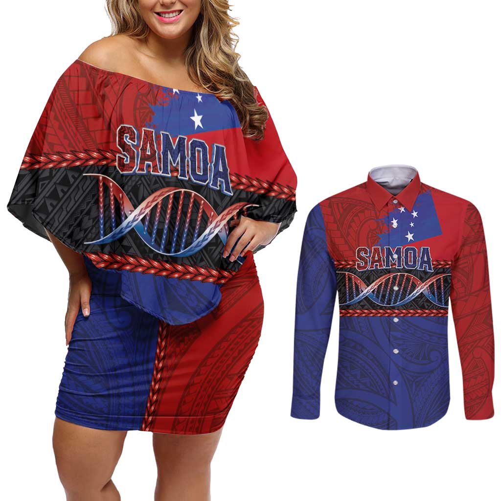 Personalised Samoan DNA-Proud of Samoa Couples Matching Off Shoulder Short Dress and Long Sleeve Button Shirt Polynesian Patterns - Polynesian Pride
