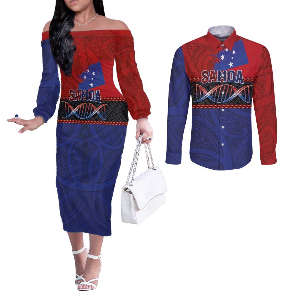 Personalised Samoan DNA-Proud of Samoa Couples Matching Off The Shoulder Long Sleeve Dress and Long Sleeve Button Shirt Polynesian Patterns - Polynesian Pride
