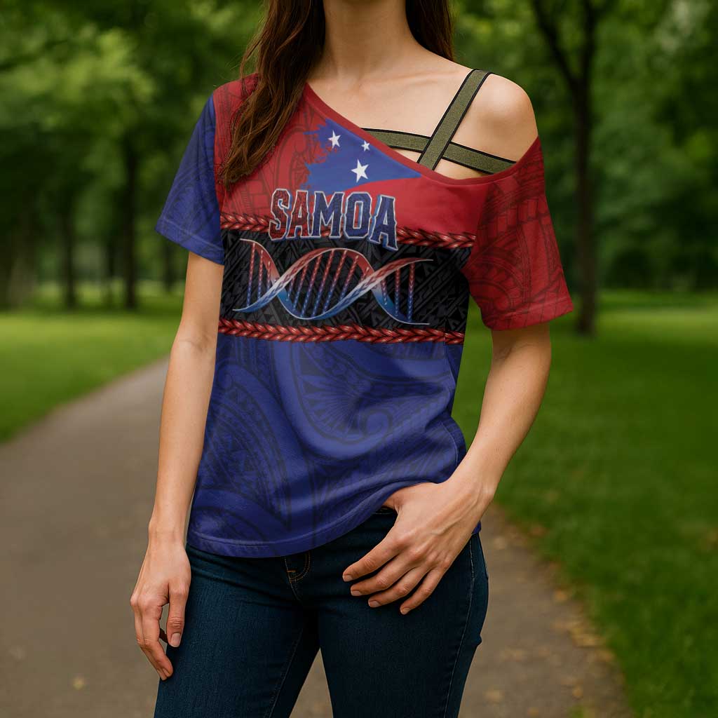 Personalised Samoan DNA-Proud of Samoa Cross Shoulder Shirt Polynesian Patterns - Polynesian Pride