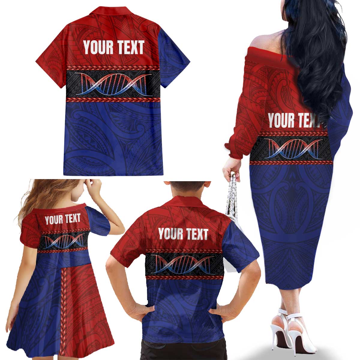 Personalised Samoan DNA-Proud of Samoa Family Matching Off The Shoulder Long Sleeve Dress and Hawaiian Shirt Polynesian Patterns - Polynesian Pride
