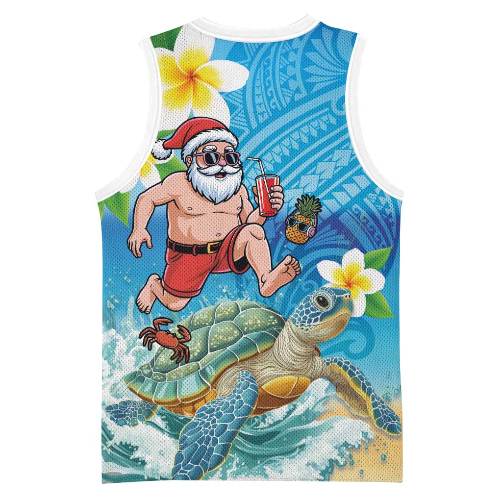 Polynesian Merry Christmas Basketball Jersey Funny Santa with Sea Turtle Beach Plumeria - Polynesian Pride