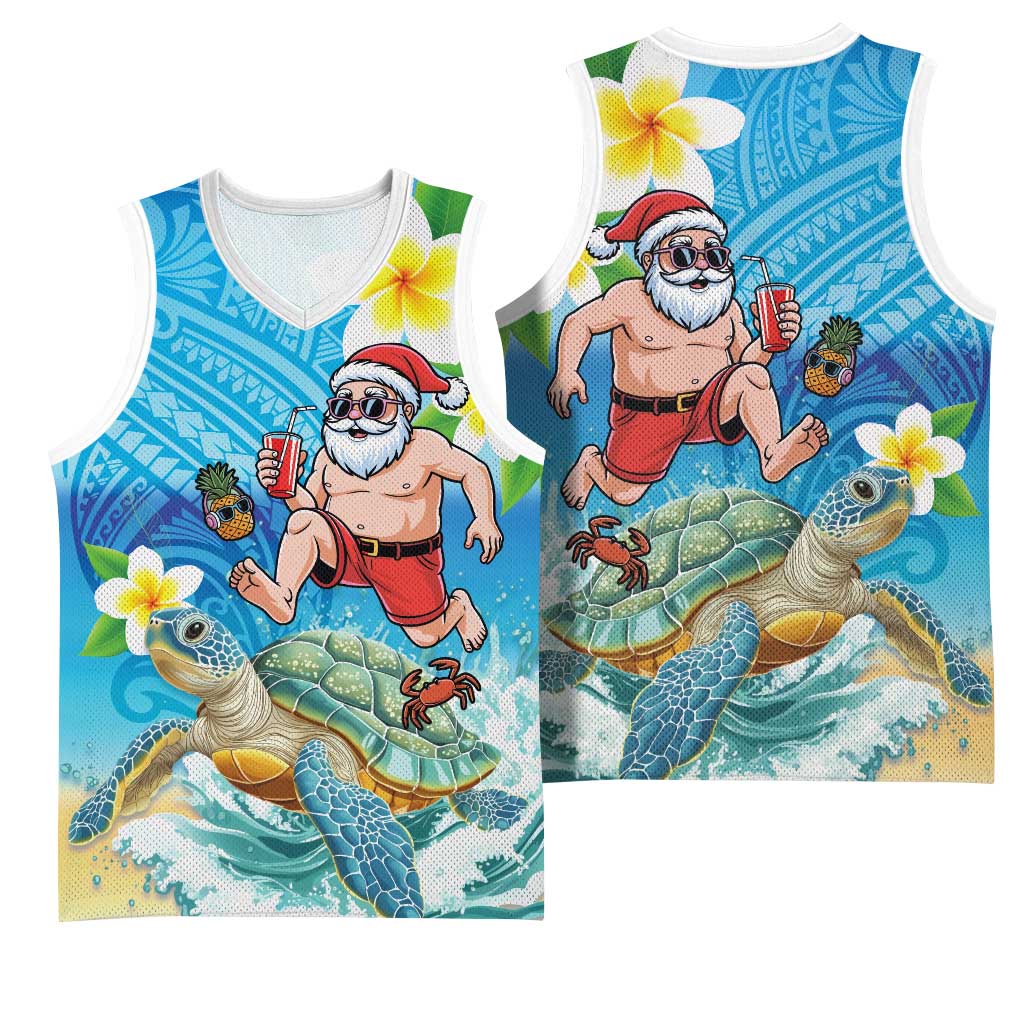 Polynesian Merry Christmas Basketball Jersey Funny Santa with Sea Turtle Beach Plumeria - Polynesian Pride
