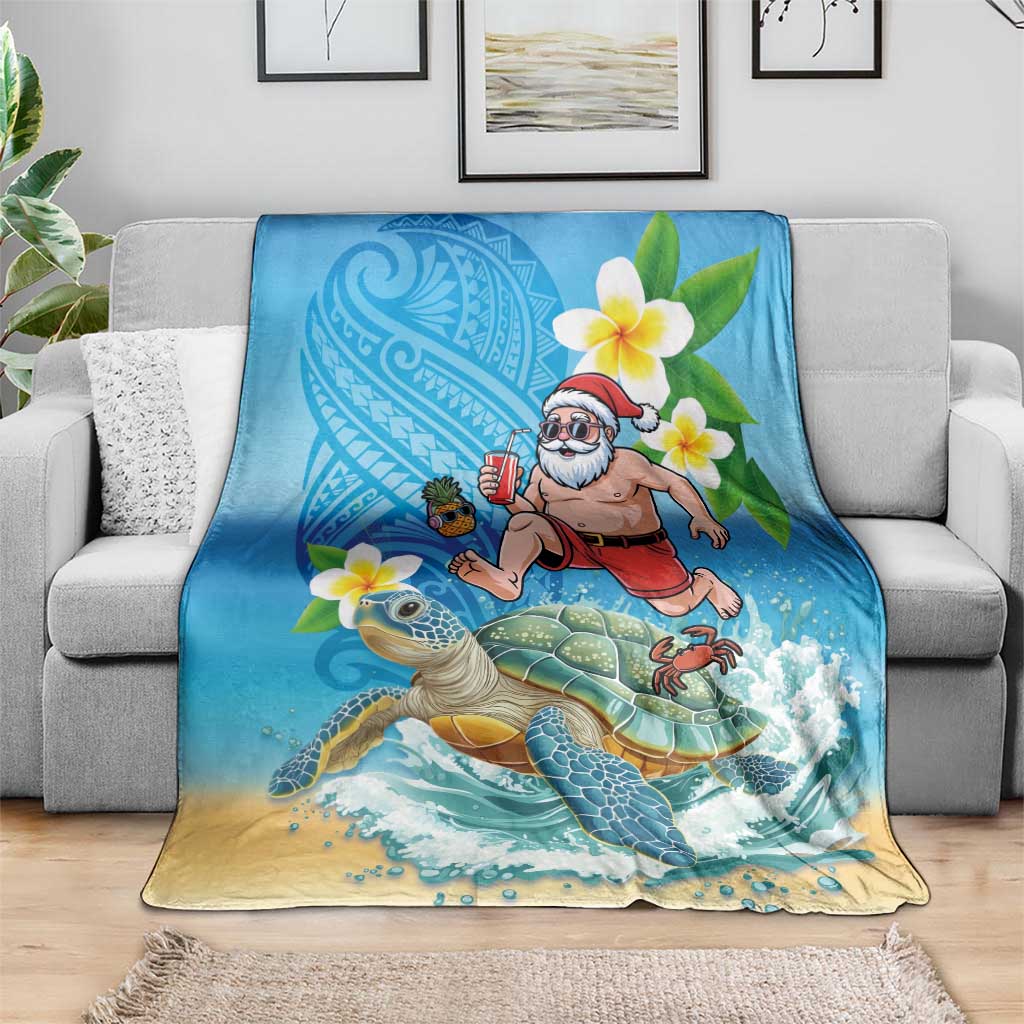 Polynesian Merry Christmas Blanket Funny Santa with Sea Turtle Beach Plumeria - Polynesian Pride