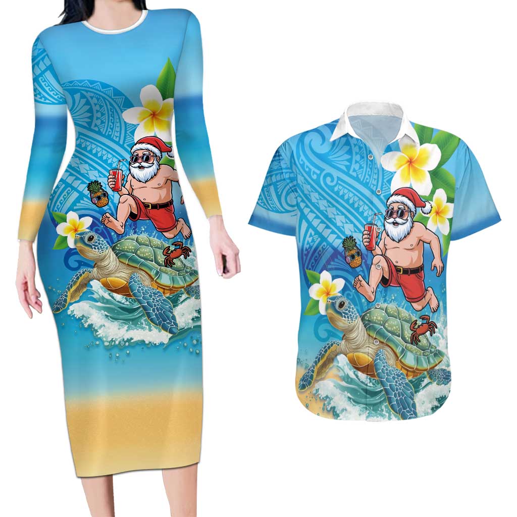Polynesian Merry Christmas Couples Matching Long Sleeve Bodycon Dress and Hawaiian Shirt Funny Santa with Sea Turtle Beach Plumeria - Polynesian Pride
