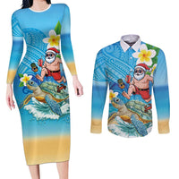 Polynesian Merry Christmas Couples Matching Long Sleeve Bodycon Dress and Long Sleeve Button Shirt Funny Santa with Sea Turtle Beach Plumeria - Polynesian Pride