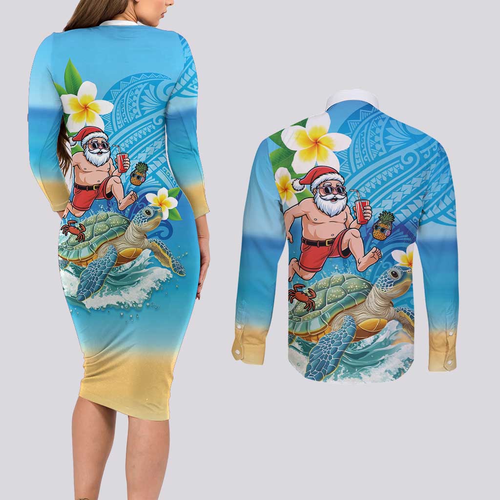 Polynesian Merry Christmas Couples Matching Long Sleeve Bodycon Dress and Long Sleeve Button Shirt Funny Santa with Sea Turtle Beach Plumeria - Polynesian Pride