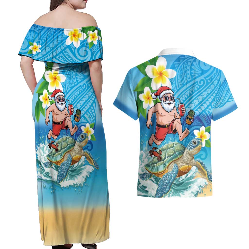 Polynesian Merry Christmas Couples Matching Off Shoulder Maxi Dress and Hawaiian Shirt Funny Santa with Sea Turtle Beach Plumeria - Polynesian Pride