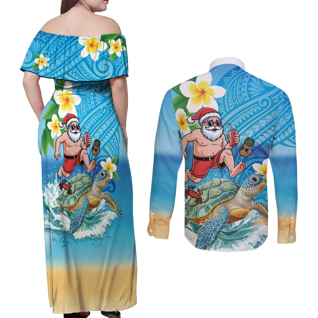 Polynesian Merry Christmas Couples Matching Off Shoulder Maxi Dress and Long Sleeve Button Shirt Funny Santa with Sea Turtle Beach Plumeria - Polynesian Pride
