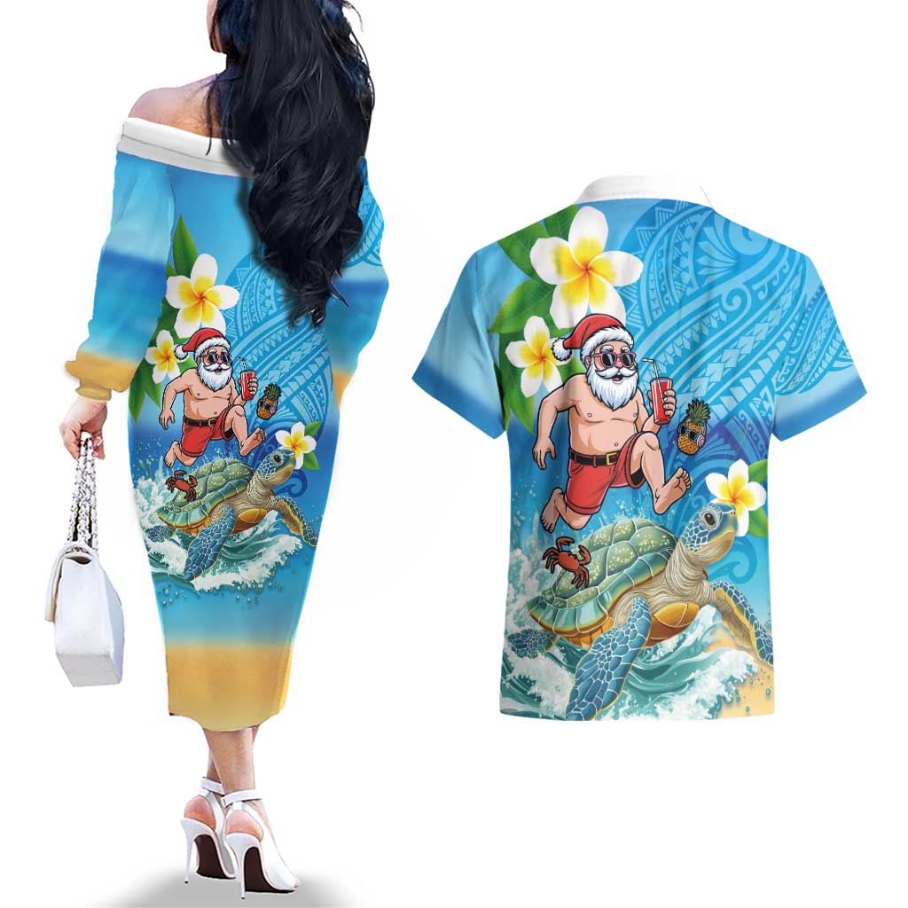 Polynesian Merry Christmas Couples Matching Off The Shoulder Long Sleeve Dress and Hawaiian Shirt Funny Santa with Sea Turtle Beach Plumeria - Polynesian Pride