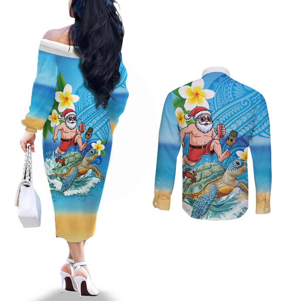 Polynesian Merry Christmas Couples Matching Off The Shoulder Long Sleeve Dress and Long Sleeve Button Shirt Funny Santa with Sea Turtle Beach Plumeria - Polynesian Pride