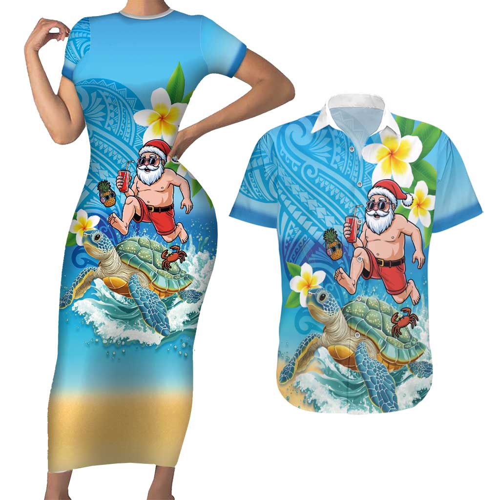 Polynesian Merry Christmas Couples Matching Short Sleeve Bodycon Dress and Hawaiian Shirt Funny Santa with Sea Turtle Beach Plumeria - Polynesian Pride