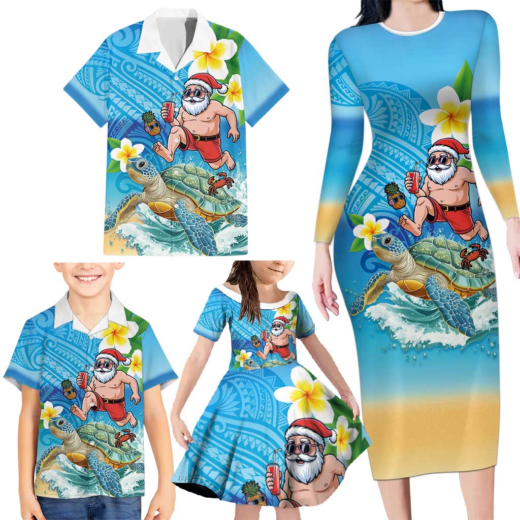 Polynesian Merry Christmas Family Matching Long Sleeve Bodycon Dress and Hawaiian Shirt Funny Santa with Sea Turtle Beach Plumeria - Polynesian Pride
