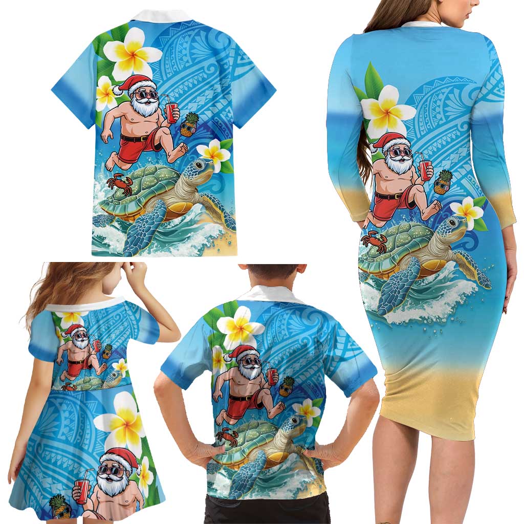Polynesian Merry Christmas Family Matching Long Sleeve Bodycon Dress and Hawaiian Shirt Funny Santa with Sea Turtle Beach Plumeria - Polynesian Pride