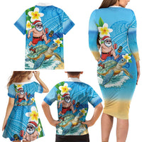 Polynesian Merry Christmas Family Matching Long Sleeve Bodycon Dress and Hawaiian Shirt Funny Santa with Sea Turtle Beach Plumeria - Polynesian Pride