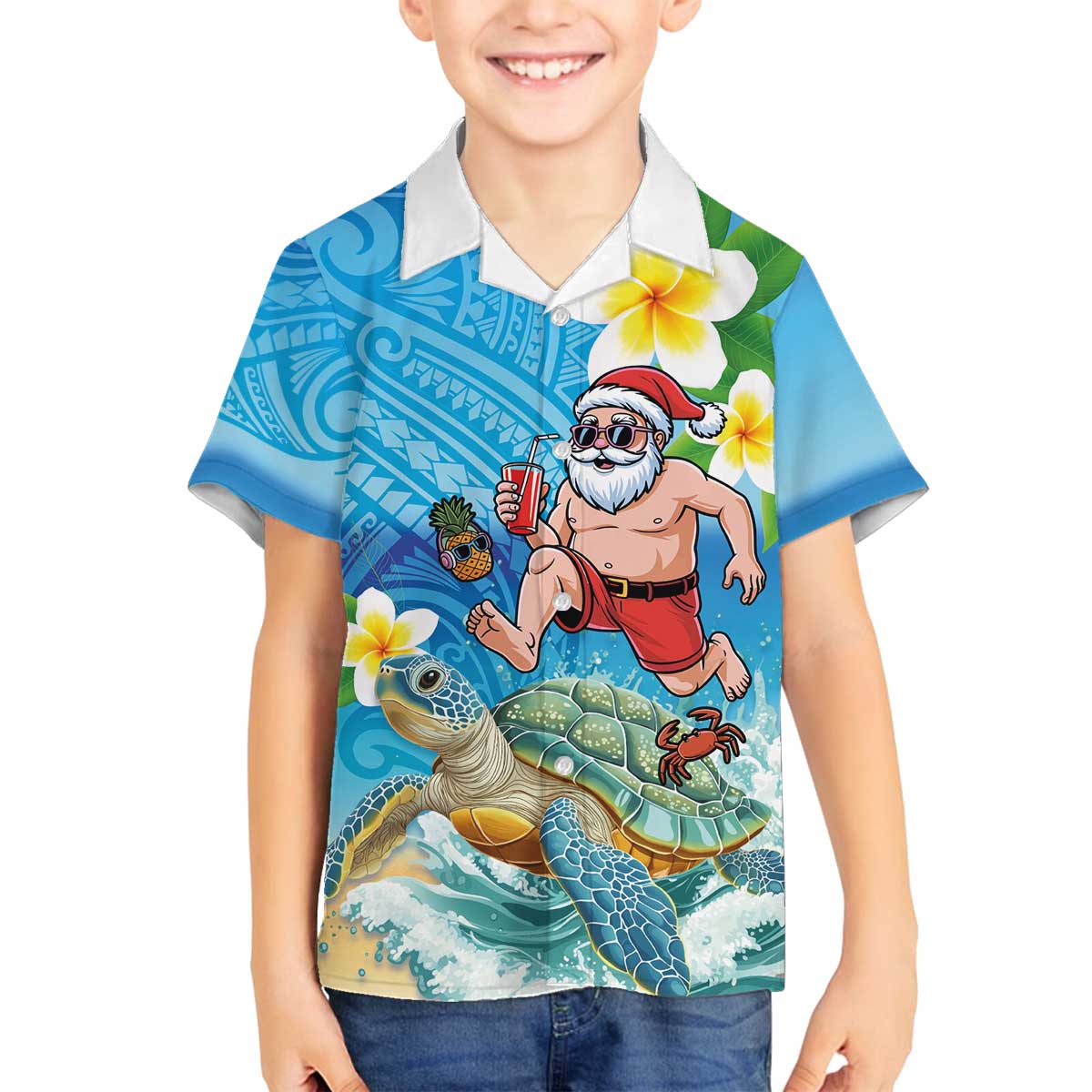 Polynesian Merry Christmas Family Matching Off The Shoulder Long Sleeve Dress and Hawaiian Shirt Funny Santa with Sea Turtle Beach Plumeria - Polynesian Pride