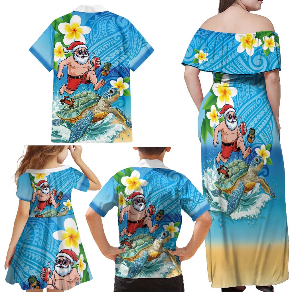 Polynesian Merry Christmas Family Matching Off Shoulder Maxi Dress and Hawaiian Shirt Funny Santa with Sea Turtle Beach Plumeria - Polynesian Pride